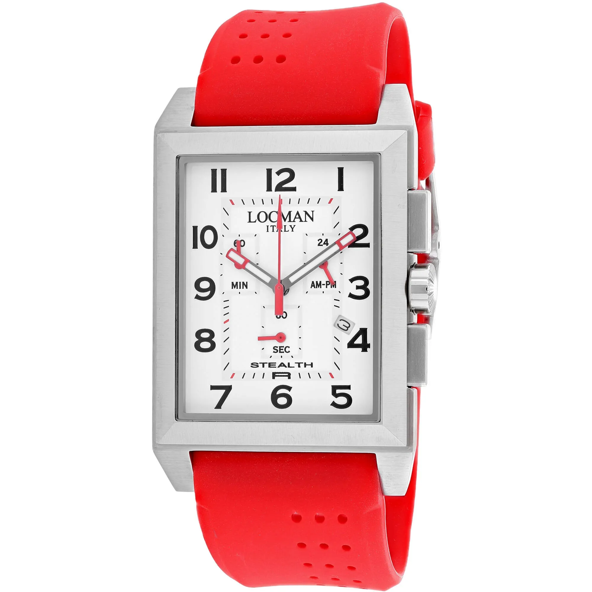 Locman Men's Watch - Stealth Chronograph White Dial Red Rubber Strap | 242WH2BK/RD