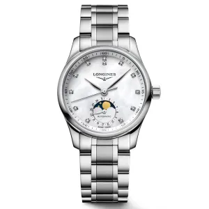 Longines Master Collection 34mm MOP Diamond Dot Dial Moonphase Automatic Ladies Watch L2.409.4.87.6