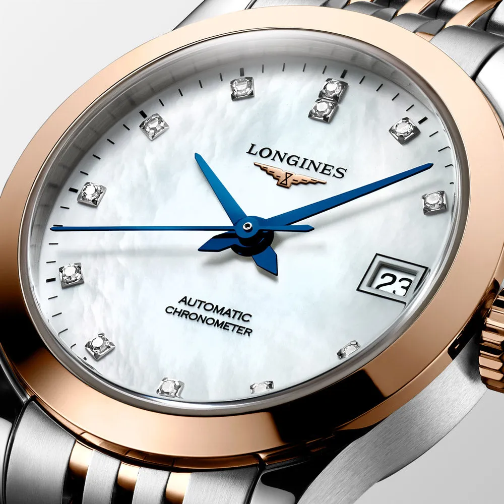 Longines Record 26mm MOP Diamond Dot Dial 18ct Rose Gold Capped Steel Automatic Ladies Watch L2.320.5.87.7