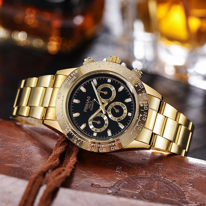 Men's steel belt local tyrant gold fake three-eye large dial watch