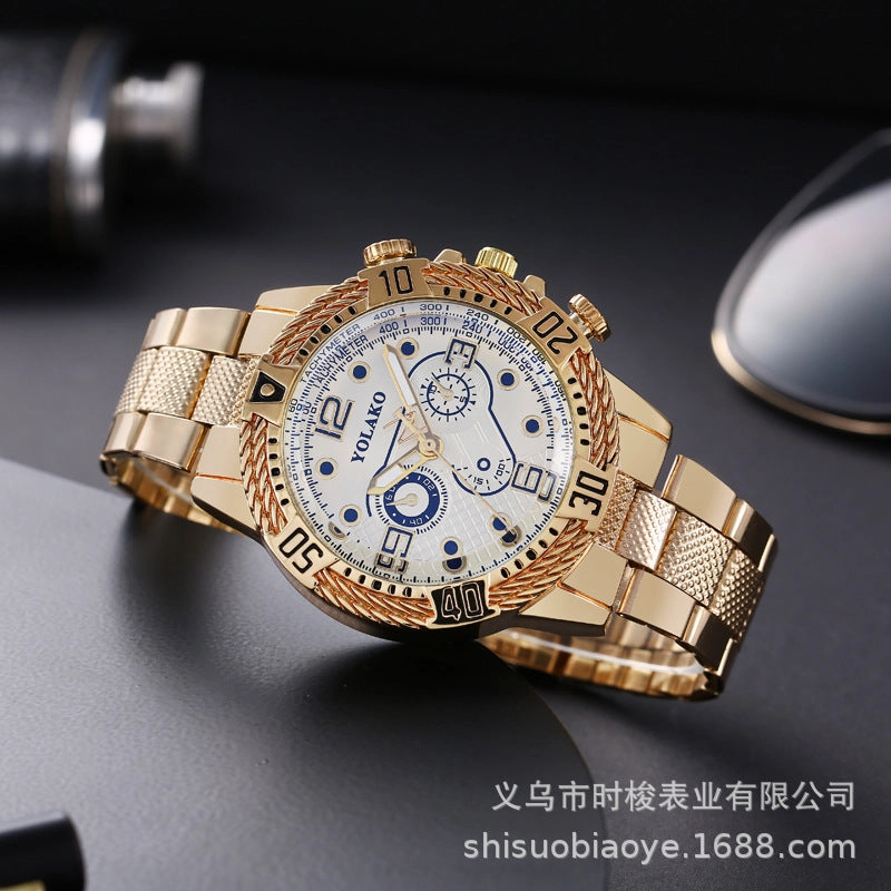 Mens Gold Steel Band Watch Business Three-Eye Large Dial