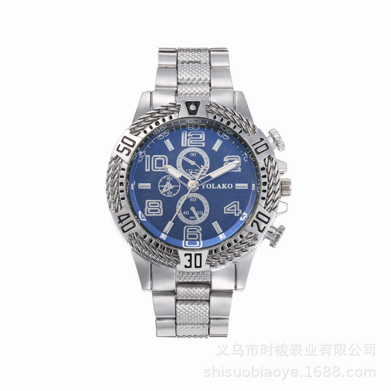 Mens Gold Steel Band Watch Business Three-Eye Large Dial