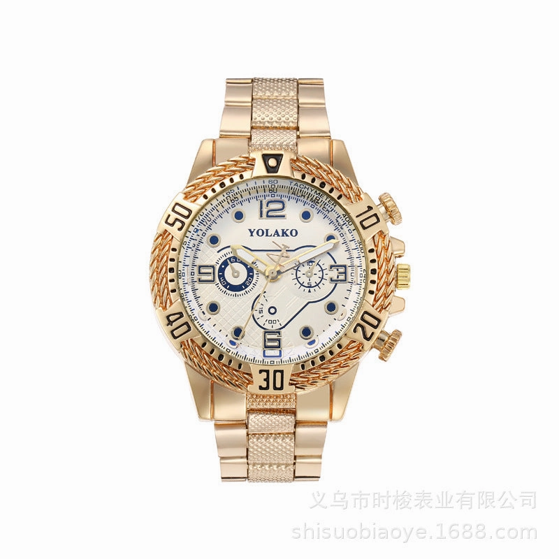 Mens Gold Steel Band Watch Business Three-Eye Large Dial