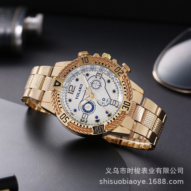Mens Gold Steel Band Watch Business Three-Eye Large Dial