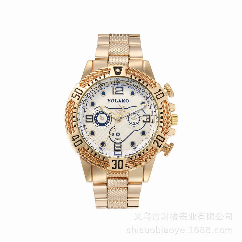 Mens Gold Steel Band Watch Business Three-Eye Large Dial