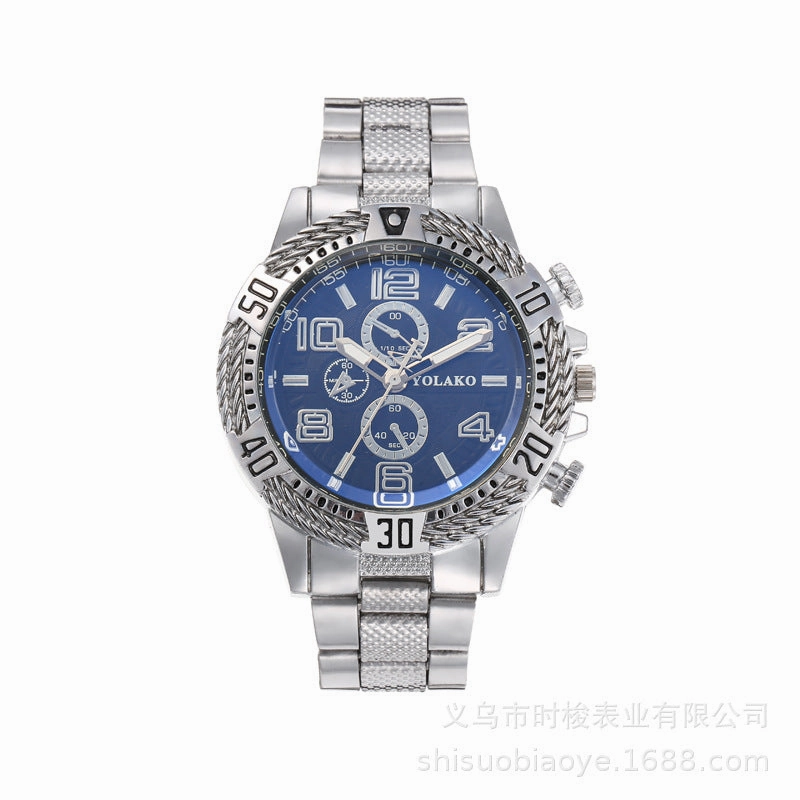 Mens Gold Steel Band Watch Business Three-Eye Large Dial