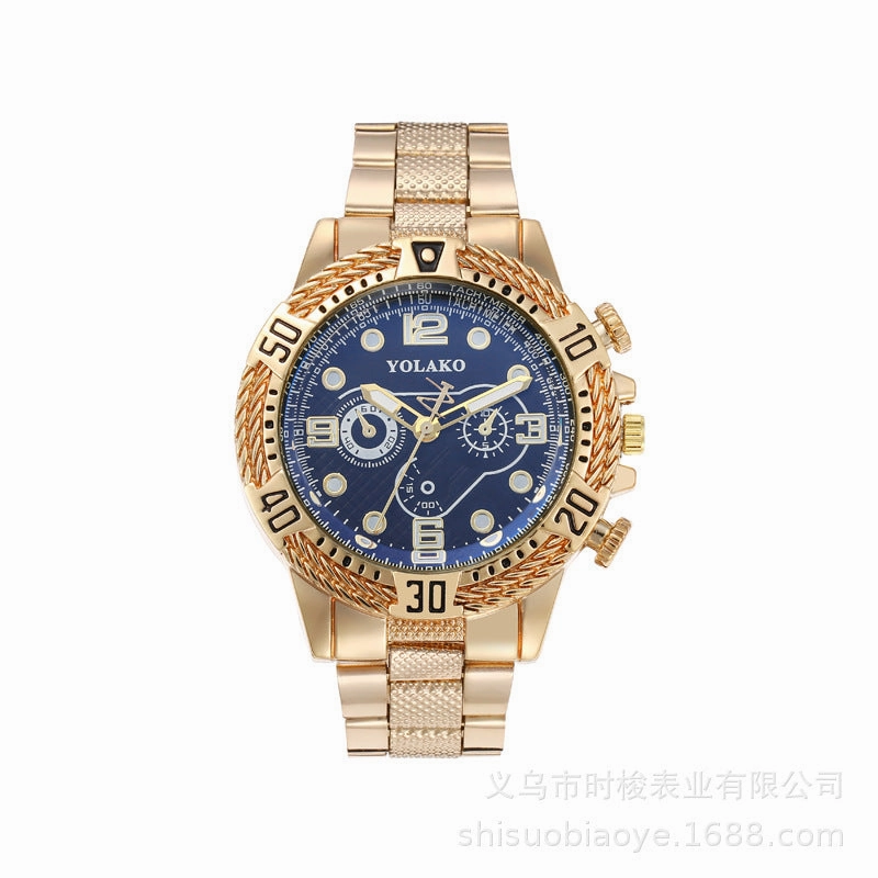 Mens Gold Steel Band Watch Business Three-Eye Large Dial