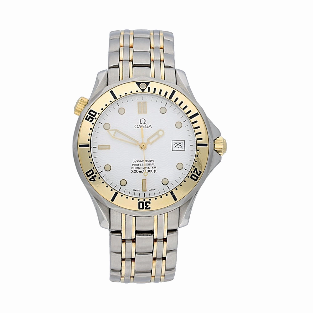 Pre-owned Omega Seamaster Two Tone 1681503 White Dial Box & Service Papers