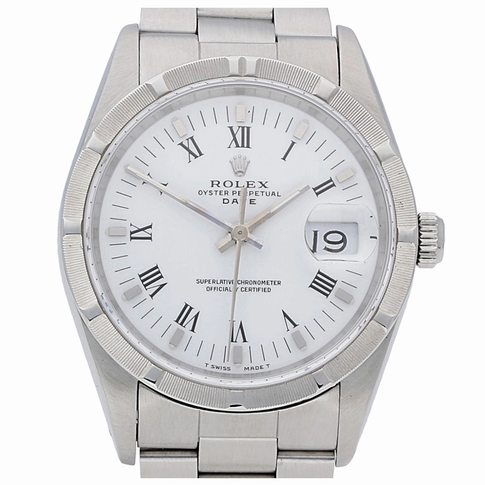 Pre Owned Rolex Oyster Date 34mm Steel Engine Turned Bezel Watch, 15210