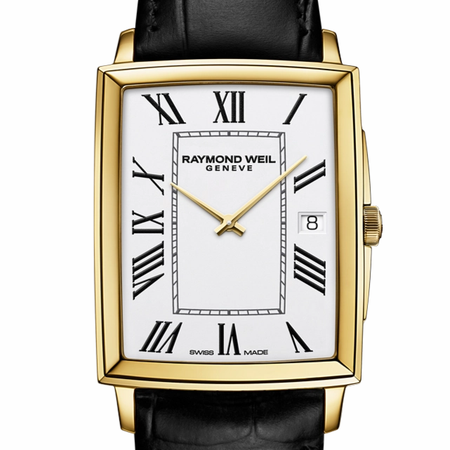 Raymond Weil Toccata Mens Classic Rectangular Gold PVD White Dial Leather Watch, 37 x 29mm 5425-PC-00300