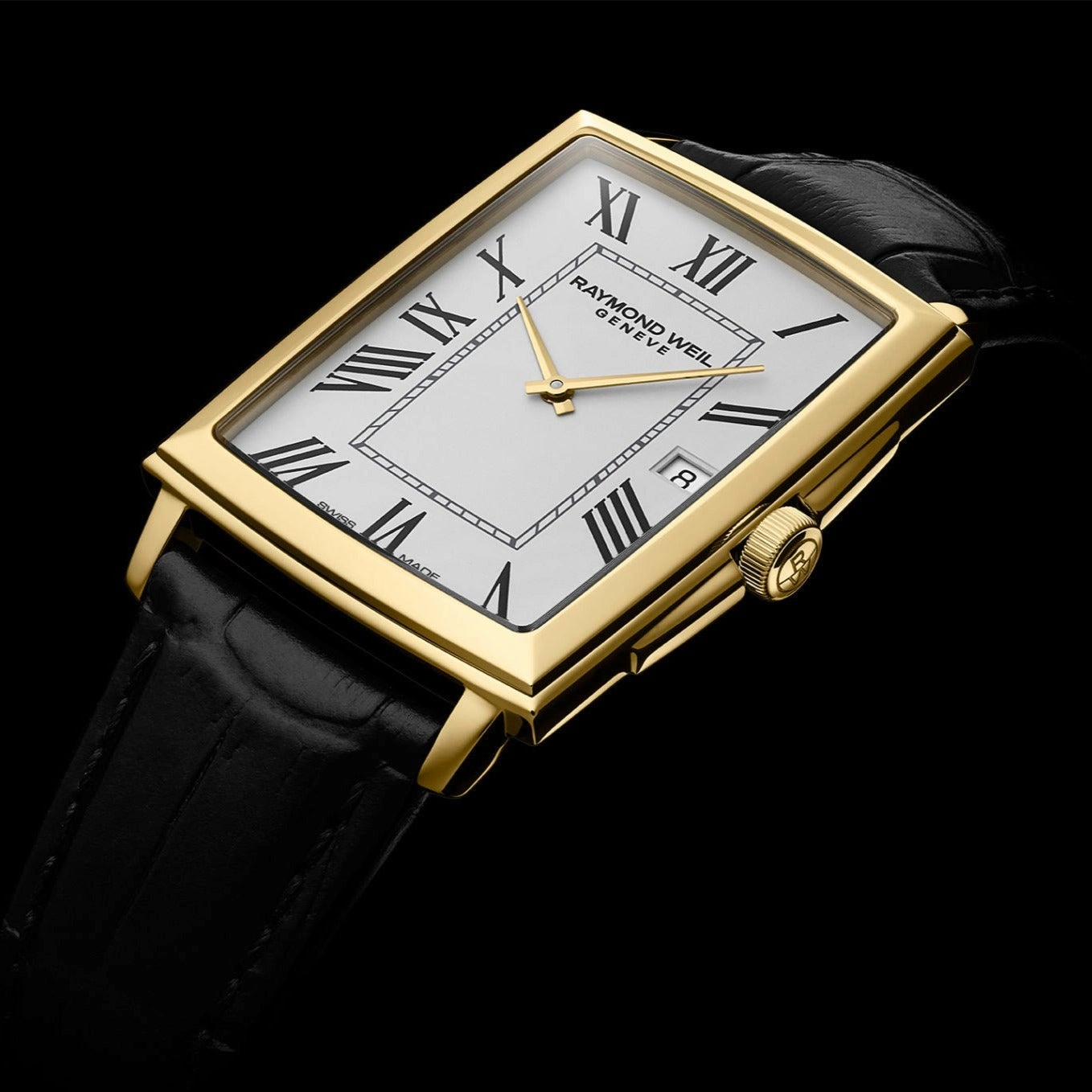 Raymond Weil Toccata Mens Classic Rectangular Gold PVD White Dial Leather Watch, 37 x 29mm 5425-PC-00300