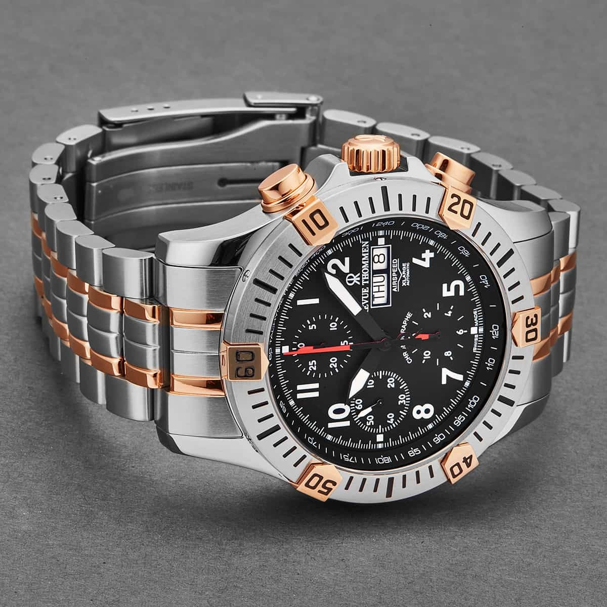 Revue Thommen Men's 16071.6154 'Air speed' Black Dial Chronograph Day-Date Two-Tone Swiss Automatic Watch