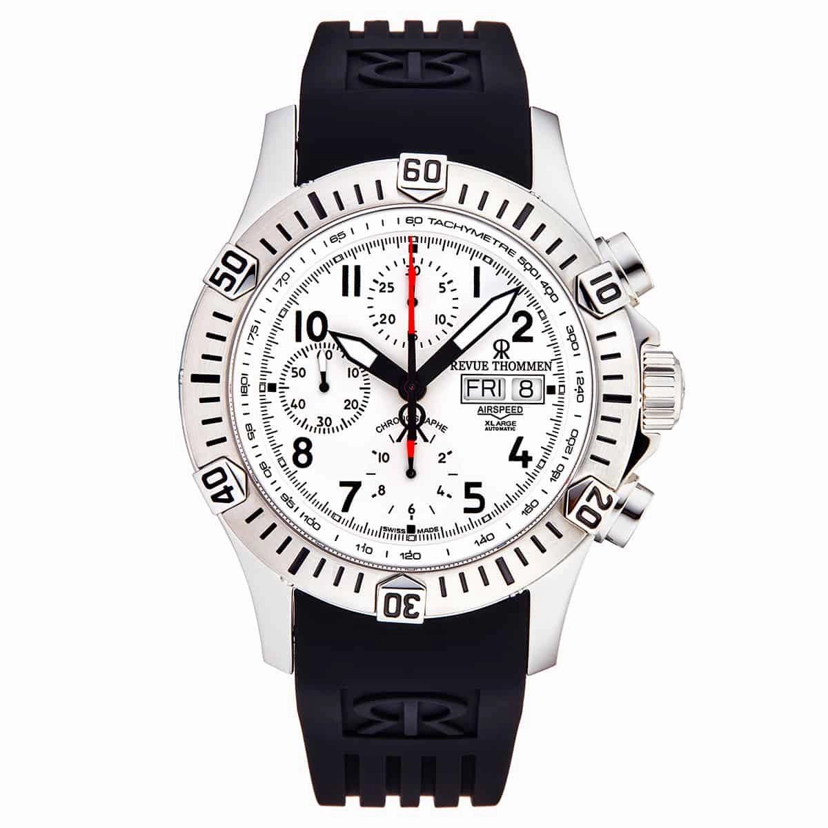 Revue Thommen Men's 16071.6822 'Airspeed' Silver Dial Day-Date Rubber Strap Chronograph Automatic Watch