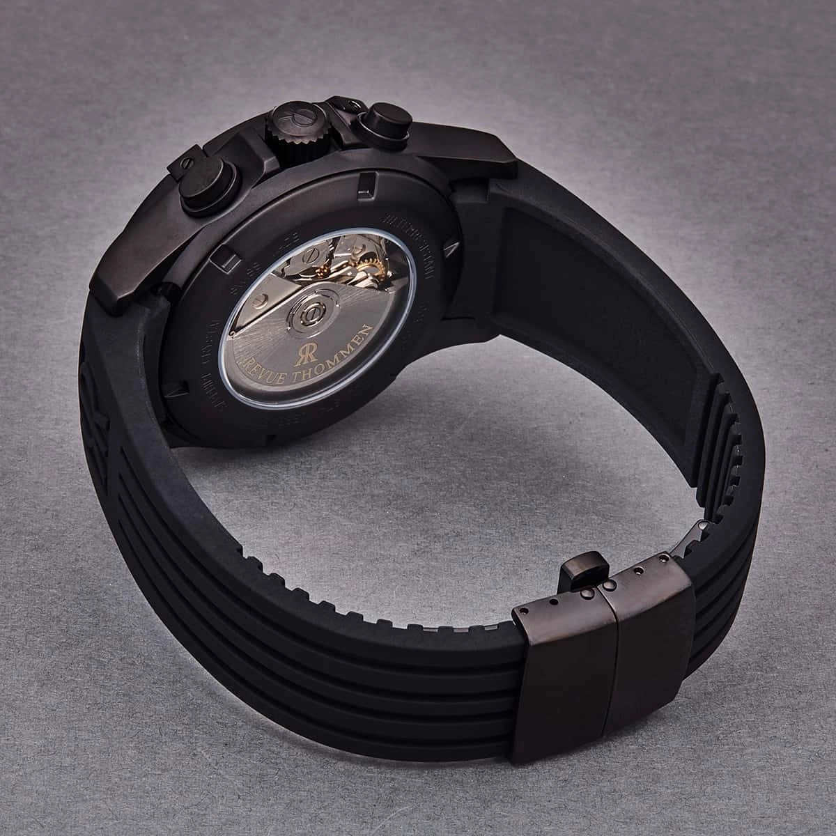 Revue Thommen Men's 16071.6873 'Airspeed' Black PVD Silver Dial Day-Date Rubber Strap Chronograph Automatic Watch