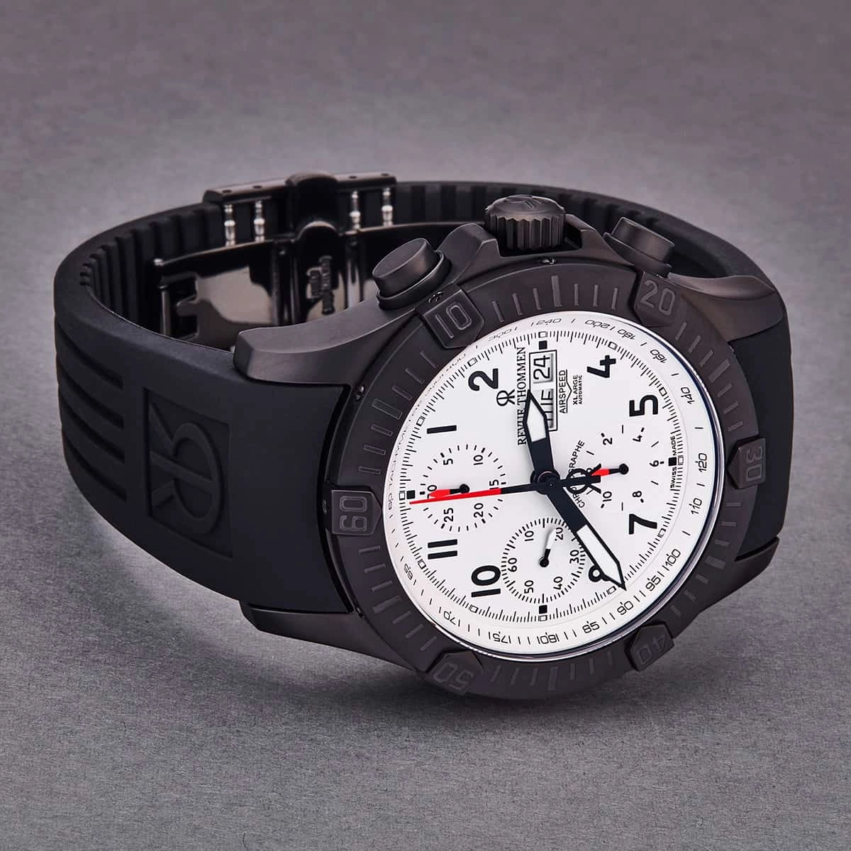 Revue Thommen Men's 16071.6873 'Airspeed' Black PVD Silver Dial Day-Date Rubber Strap Chronograph Automatic Watch