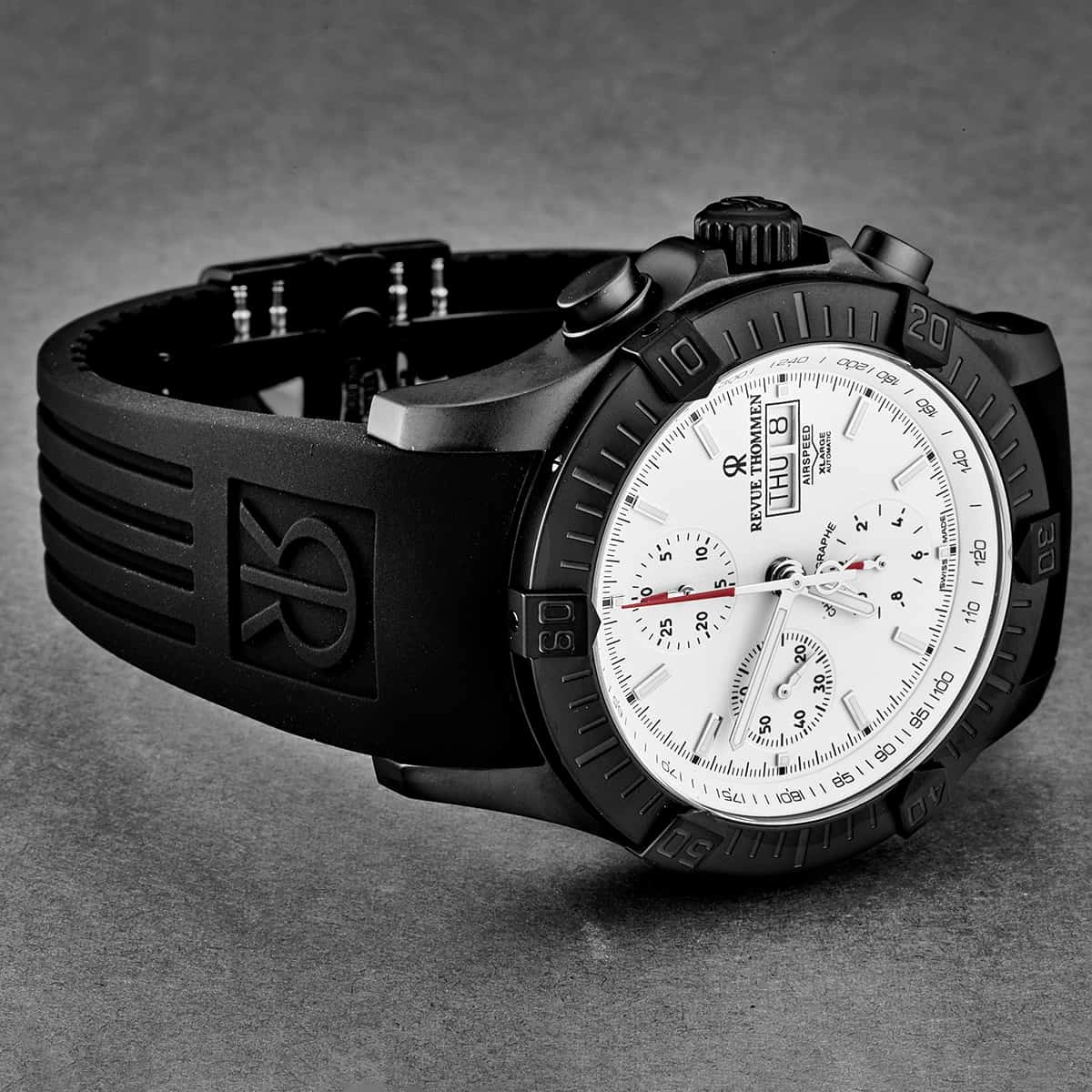 Revue Thommen Men's 16071.6878 'Airspeed' Silver Dial Day-Date Rubber Strap Chronograph Automatic Watch