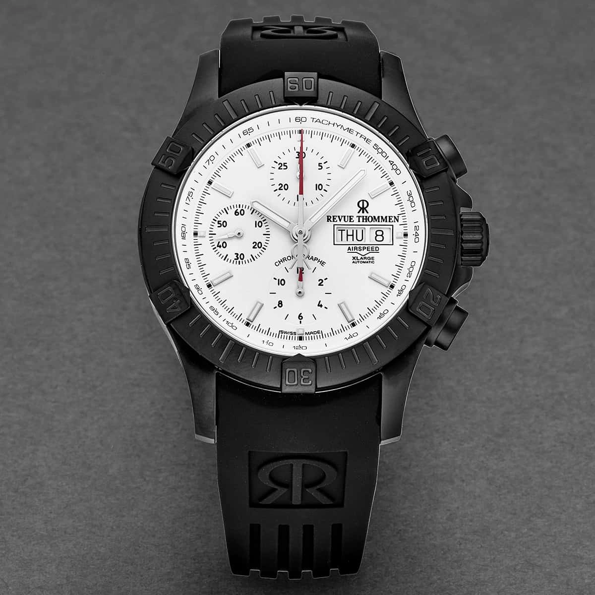 Revue Thommen Men's 16071.6878 'Airspeed' Silver Dial Day-Date Rubber Strap Chronograph Automatic Watch