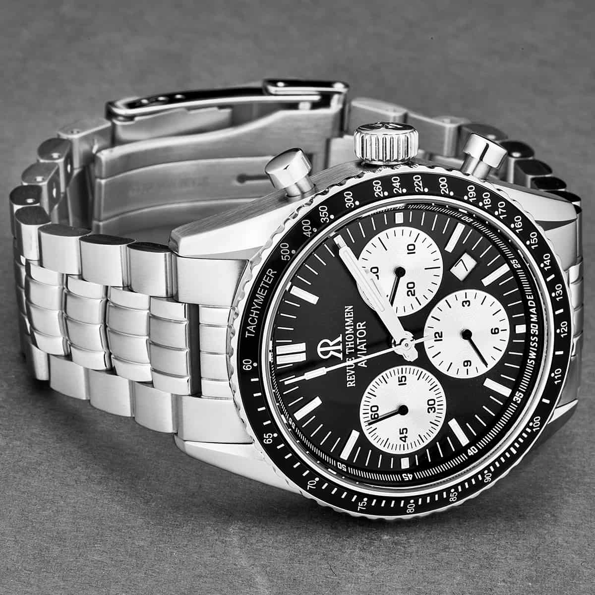 Revue Thommen Men's 17000.6134 'Aviator' Black Dial Stainless Steel Chronograph Automatic Watch