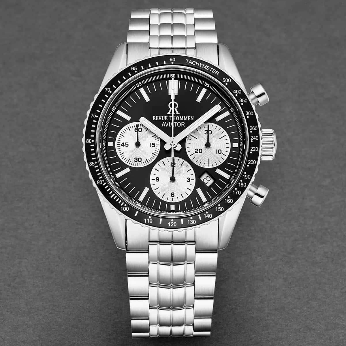 Revue Thommen Men's 17000.6134 'Aviator' Black Dial Stainless Steel Chronograph Automatic Watch