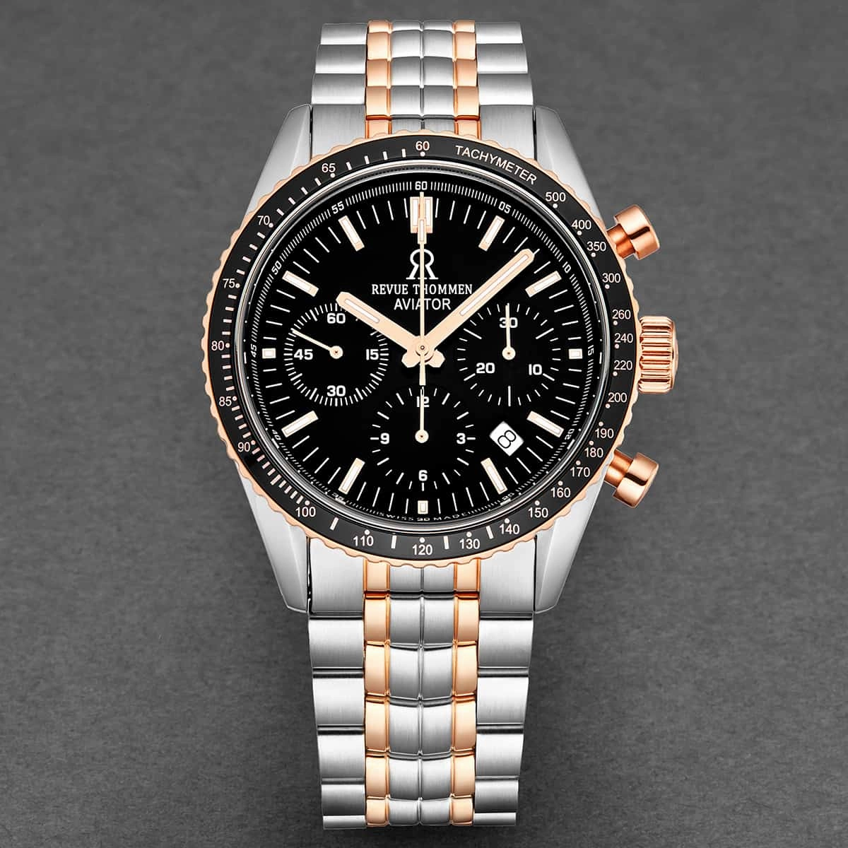 Revue Thommen Men's 17000.6157 'Aviator' Black Dial Two-Tone Chronograph Automatic Watch