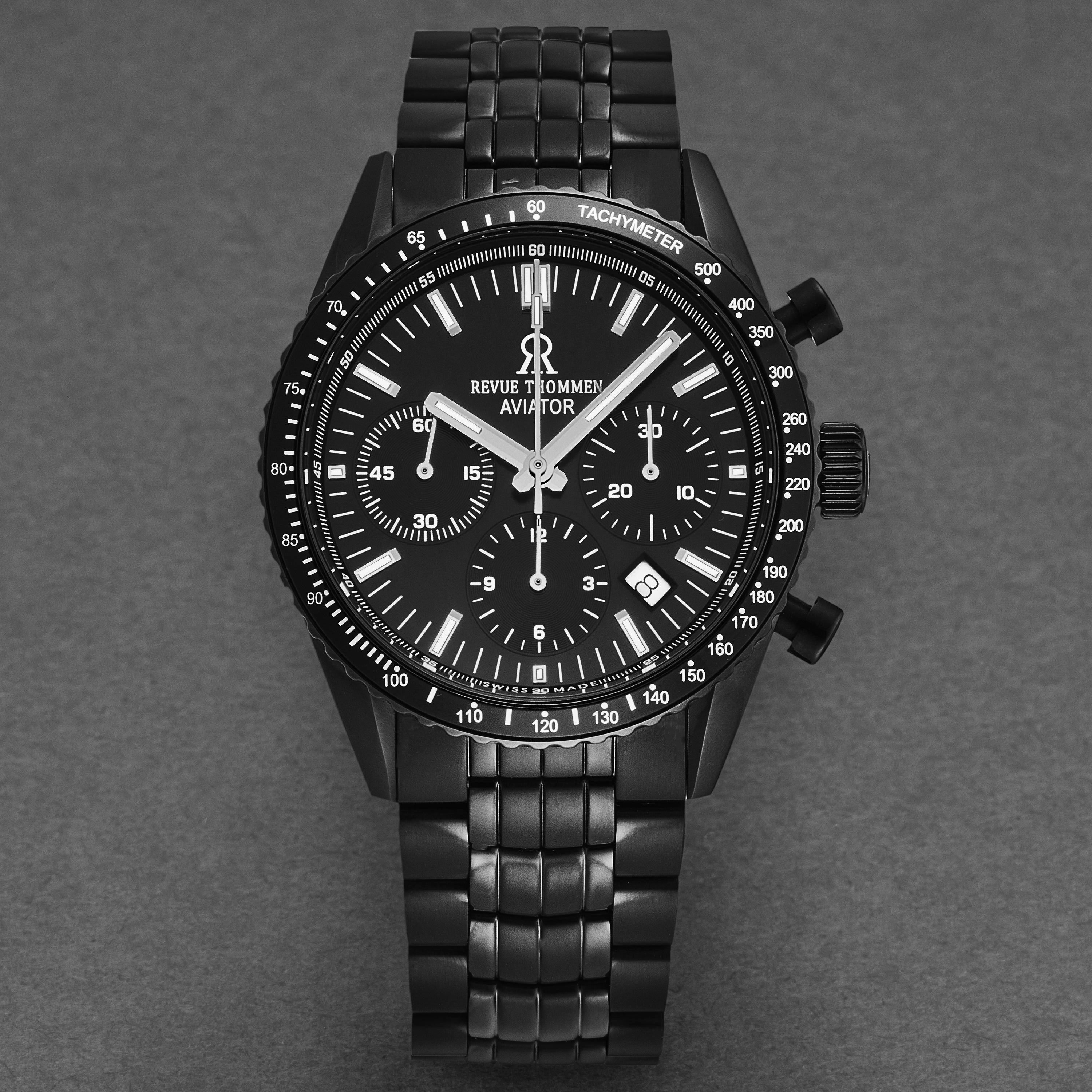 Revue Thommen Men's 17000.6177 'Aviator' Black Dial Black Stainless Steel Chronograph Automatic Watch