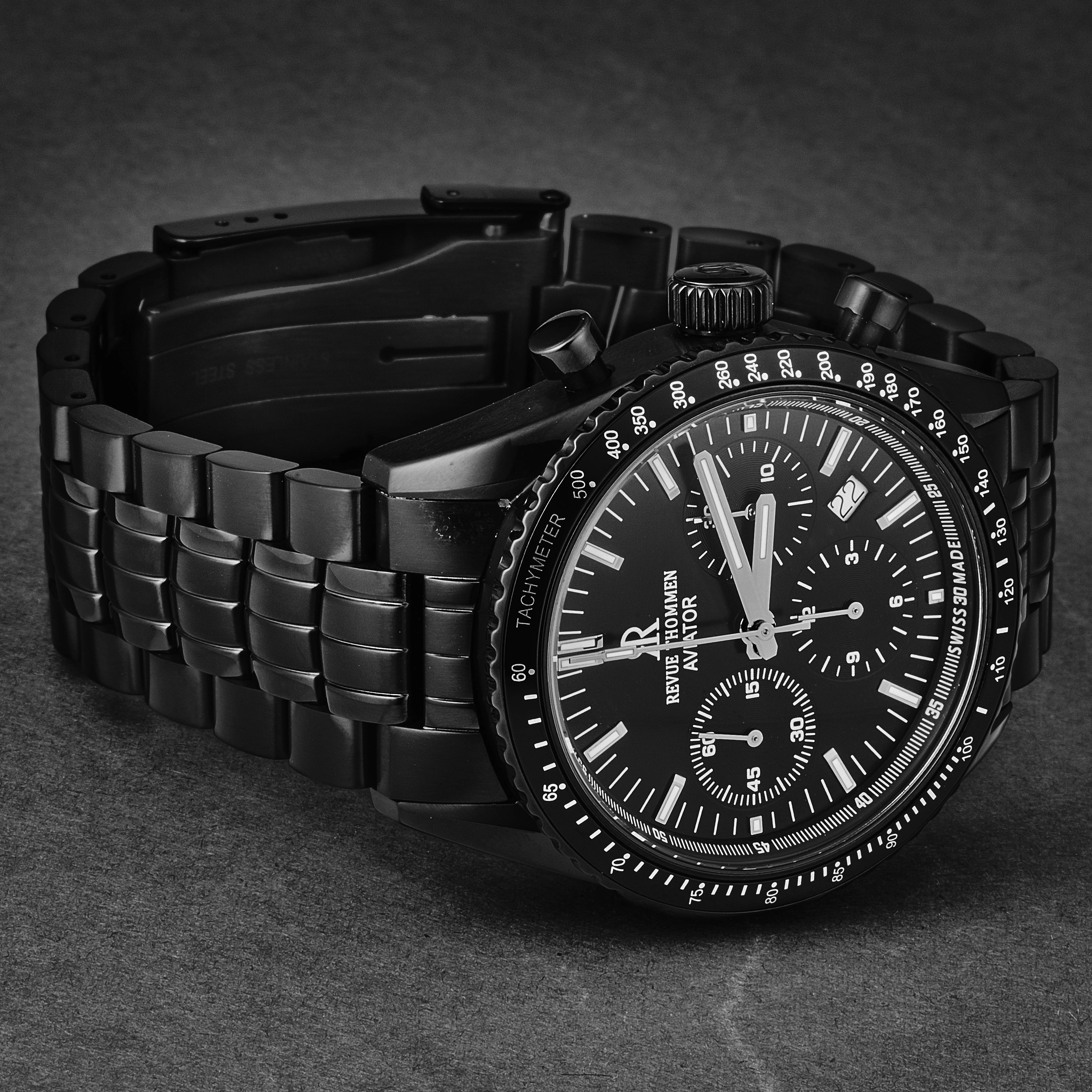 Revue Thommen Men's 17000.6177 'Aviator' Black Dial Black Stainless Steel Chronograph Automatic Watch