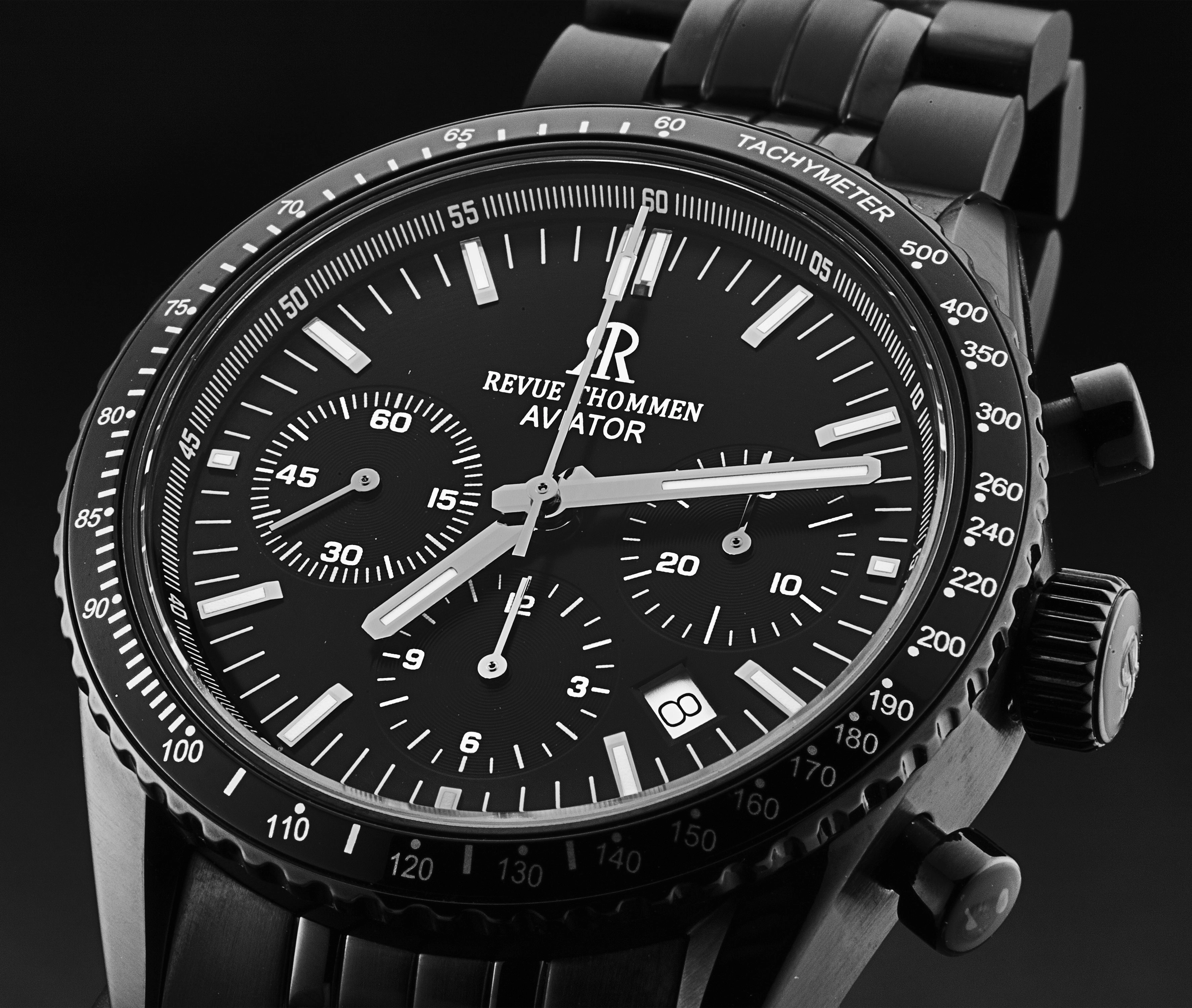 Revue Thommen Men's 17000.6177 'Aviator' Black Dial Black Stainless Steel Chronograph Automatic Watch