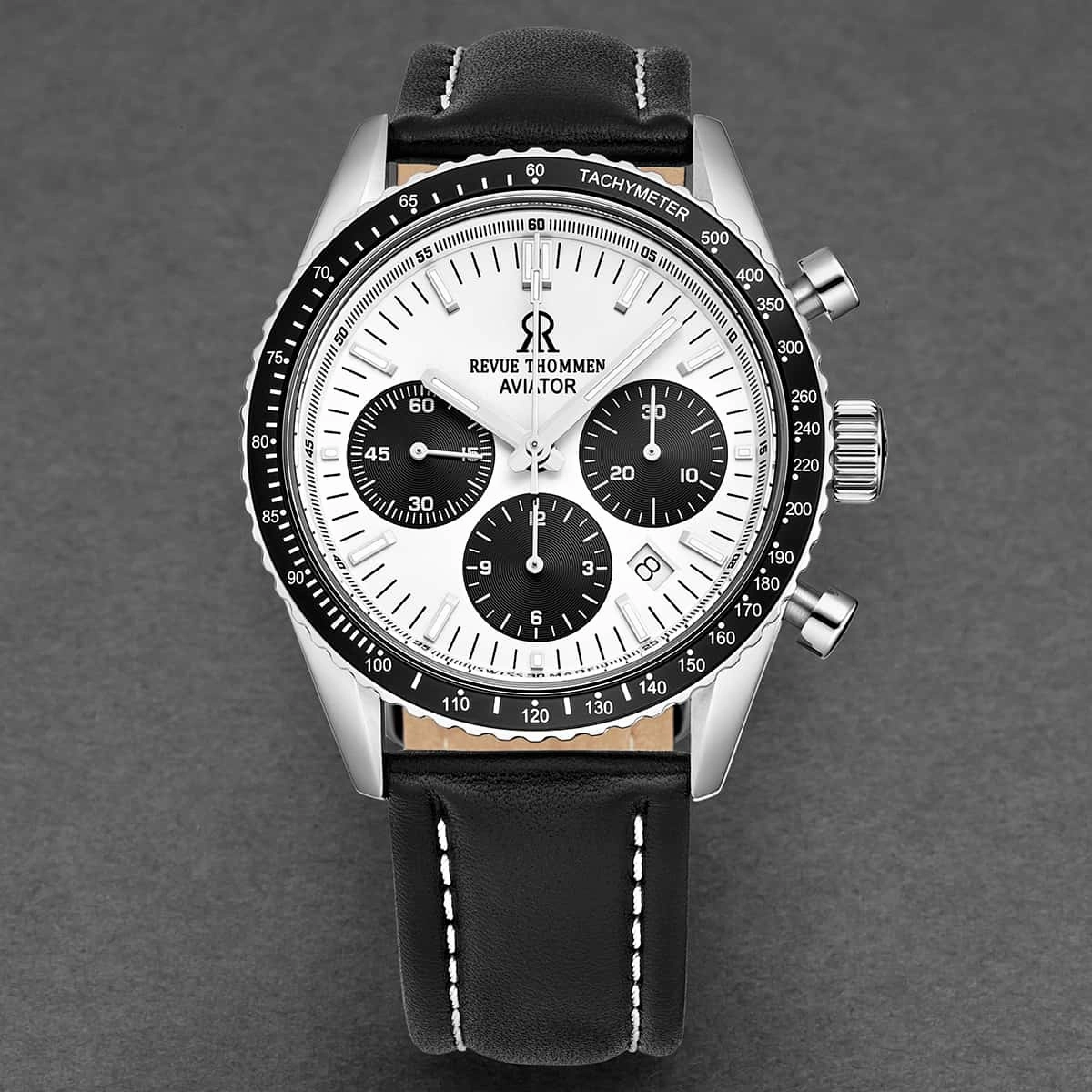 Revue Thommen Men's 17000.6532 'Aviator' Silver Dial Leather Strap Chronograph Automatic Watch