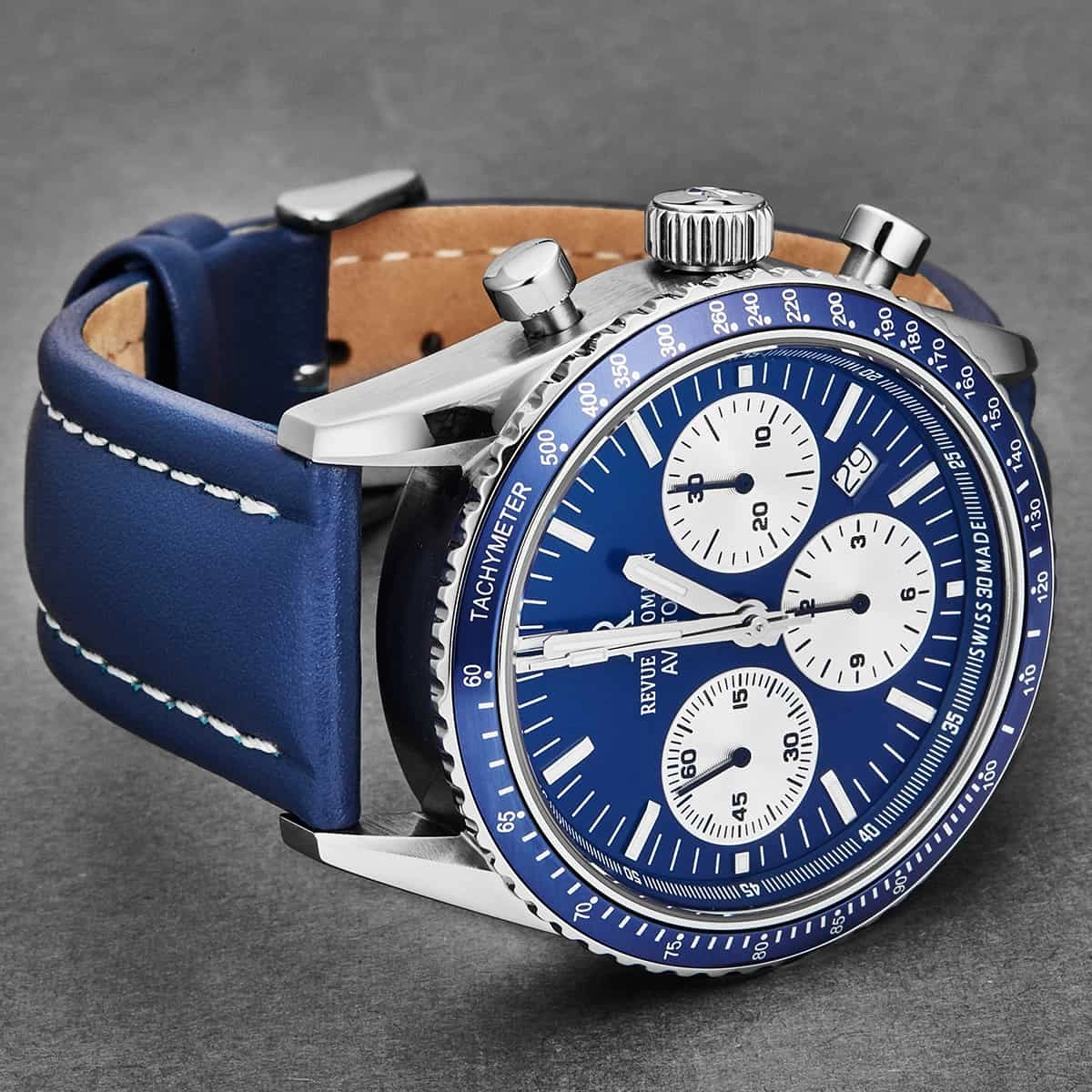 Revue Thommen Men's 17000.6535 'Aviator' Blue Dial Leather Strap Chronograph Automatic Watch