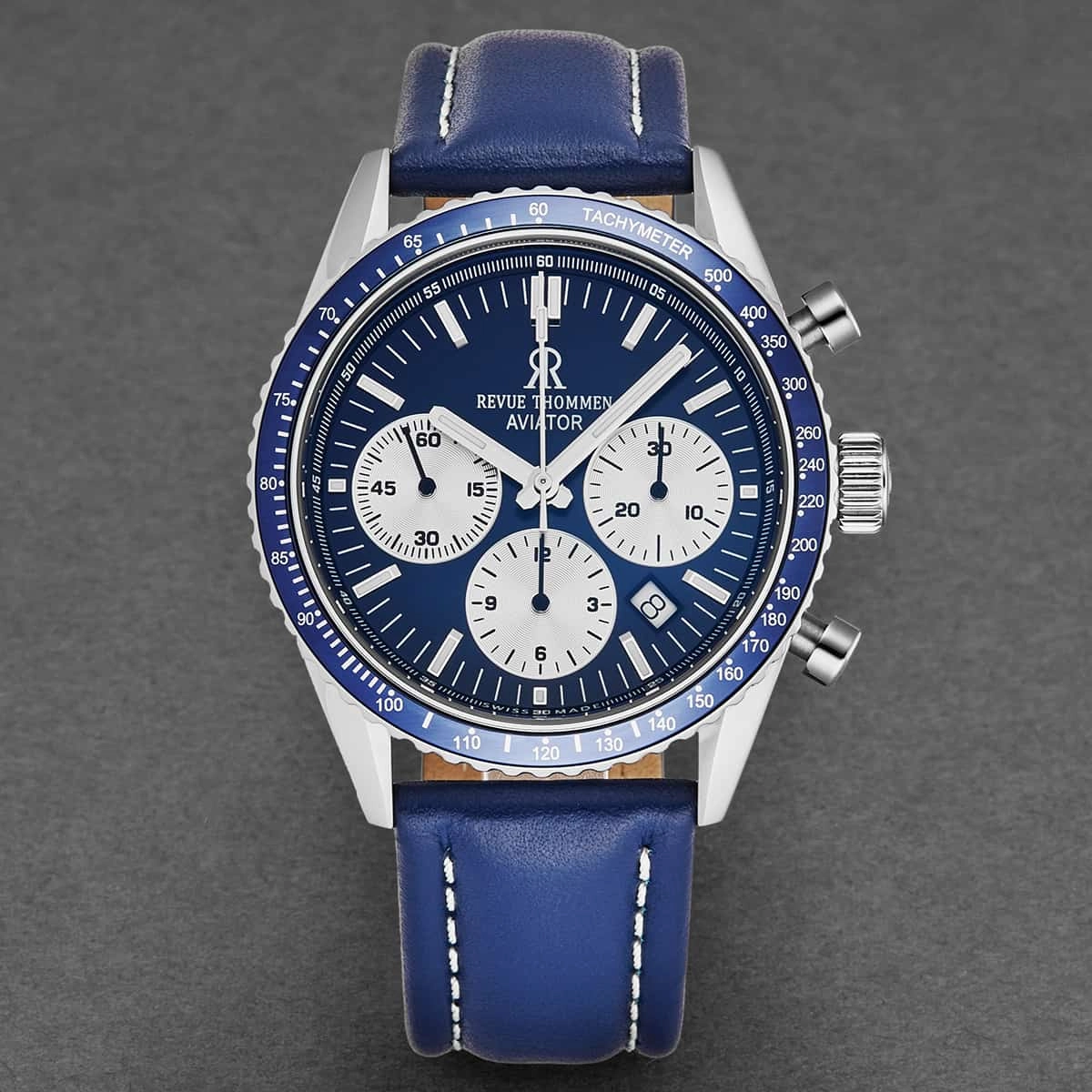 Revue Thommen Men's 17000.6535 'Aviator' Blue Dial Leather Strap Chronograph Automatic Watch