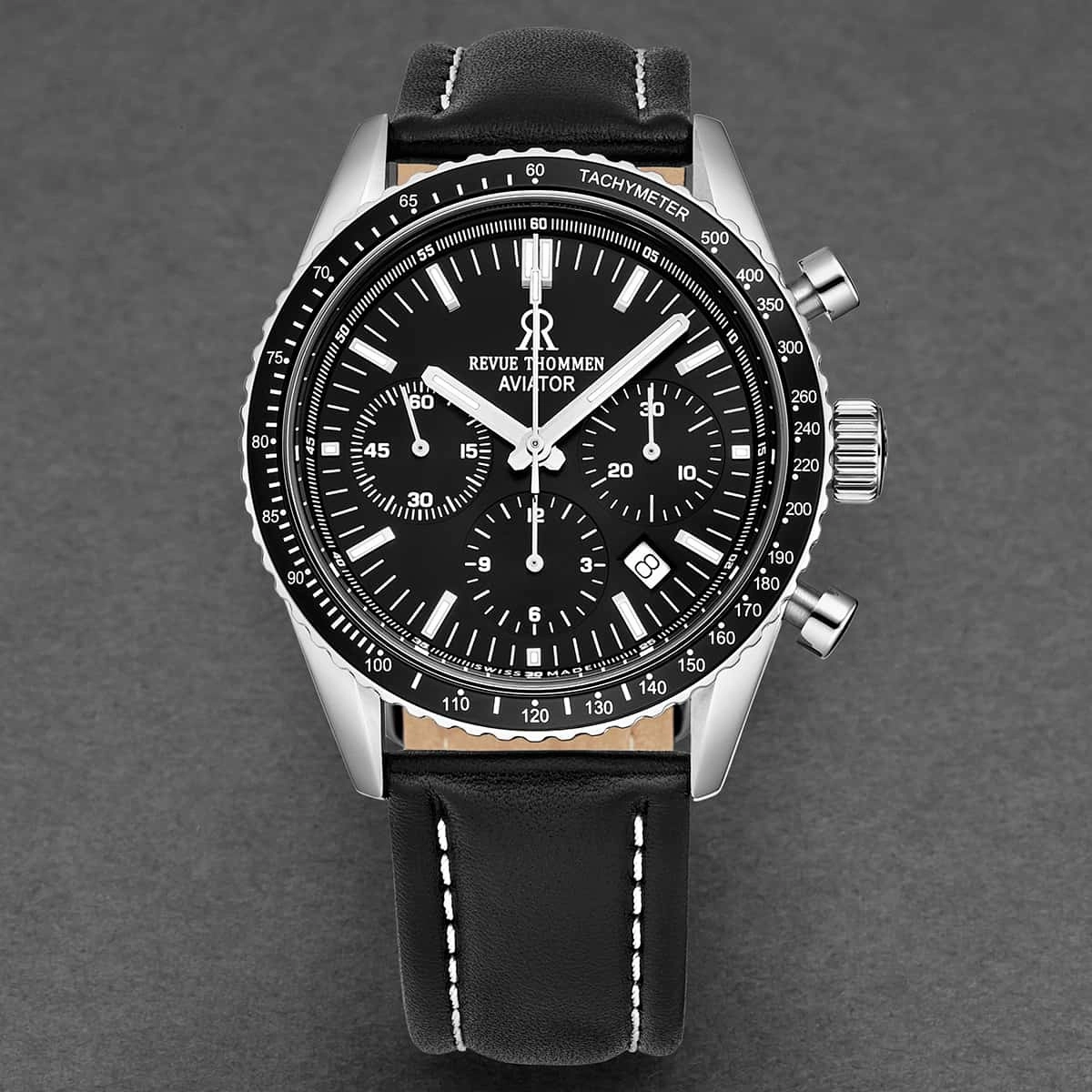 Revue Thommen Men's 17000.6537 'Aviator' Black Dial Leather Strap Chronograph Automatic Watch