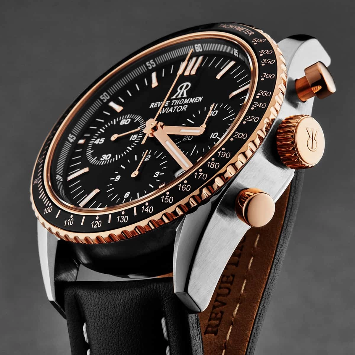 Revue Thommen Men's 17000.6557 'Aviator' Black Dial Two-Tone Chronograph Automatic Watch