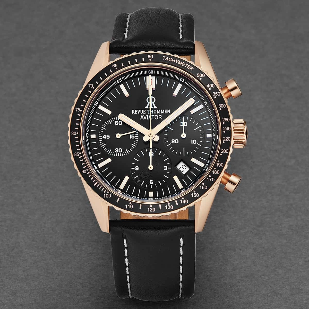 Revue Thommen Men's 17000.6567 'Aviator' Black Dial Rose-Tone Chronograph Automatic Watch