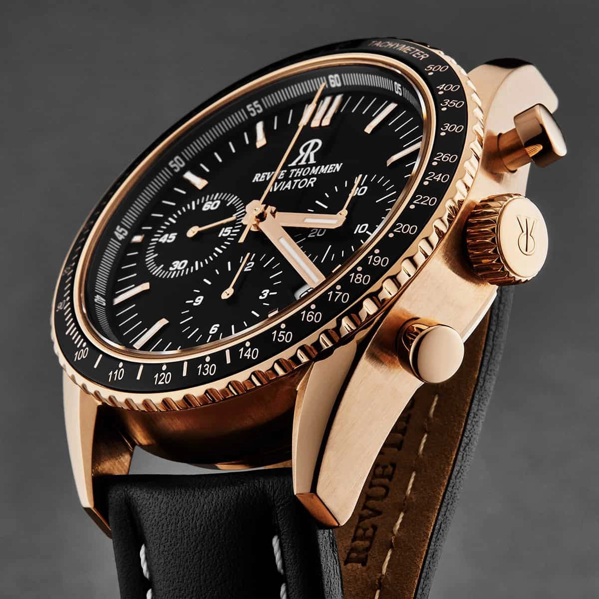 Revue Thommen Men's 17000.6567 'Aviator' Black Dial Rose-Tone Chronograph Automatic Watch