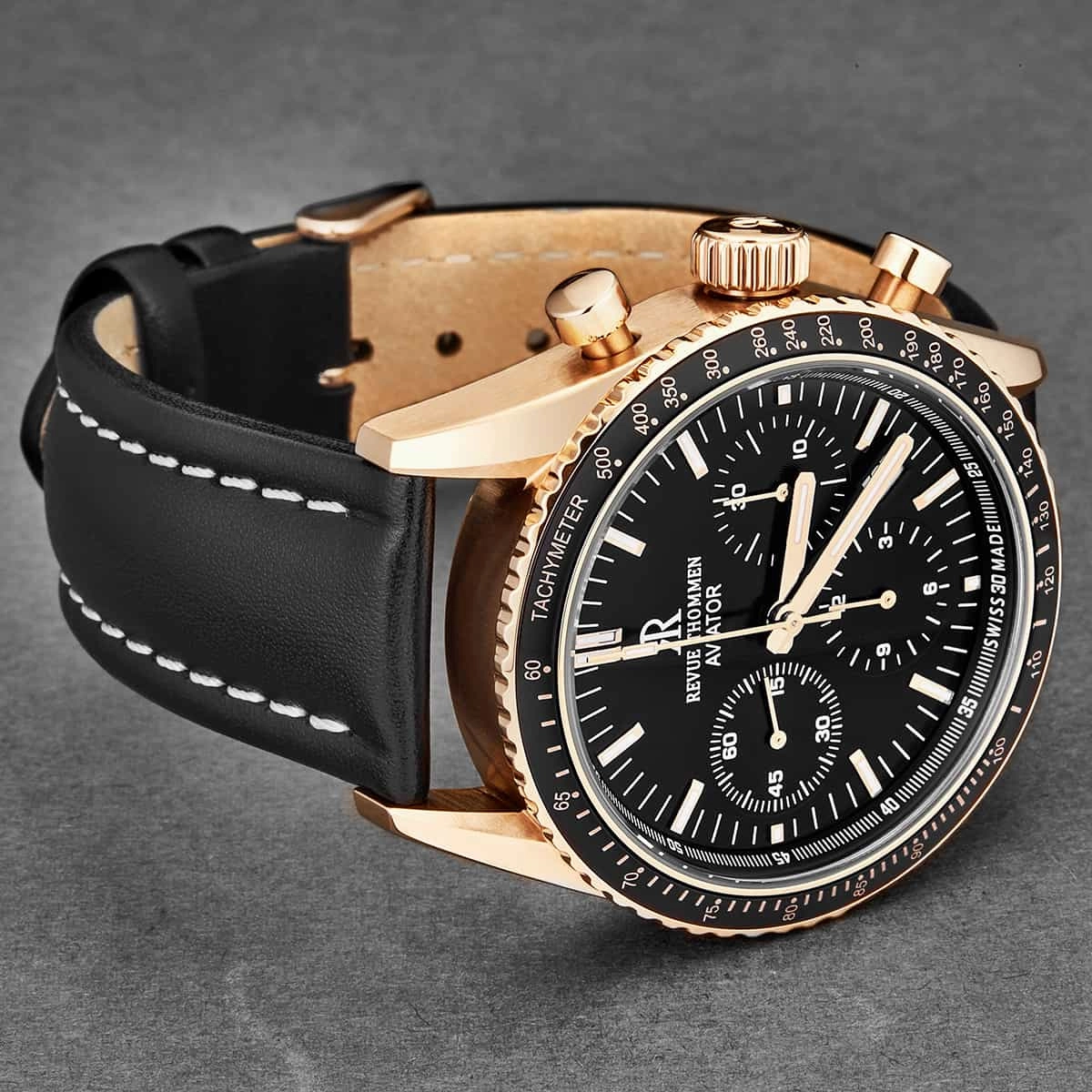 Revue Thommen Men's 17000.6567 'Aviator' Black Dial Rose-Tone Chronograph Automatic Watch