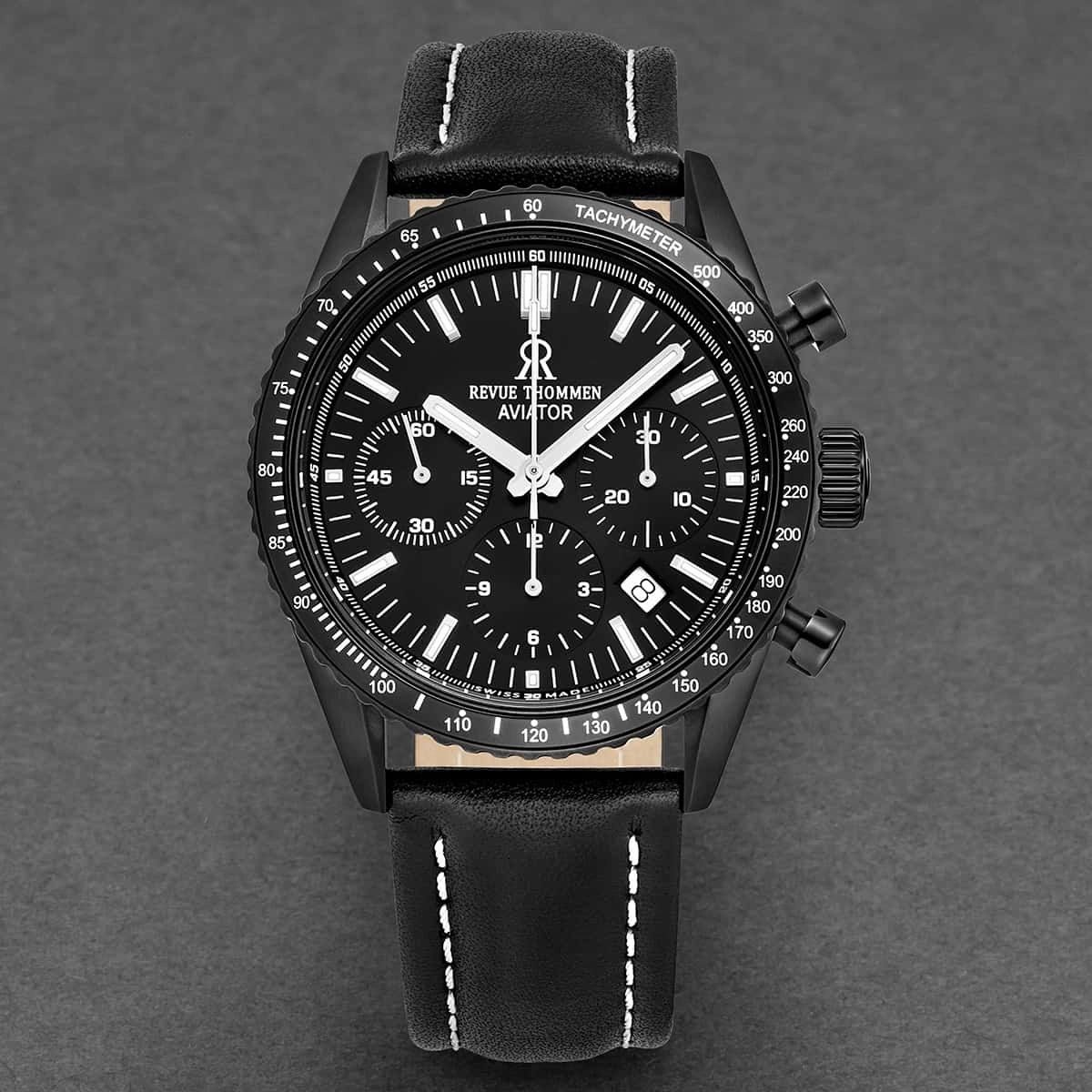 Revue Thommen Men's 17000.6577 'Aviator' All Black Dial Leather Strap Chronograph Automatic Watch