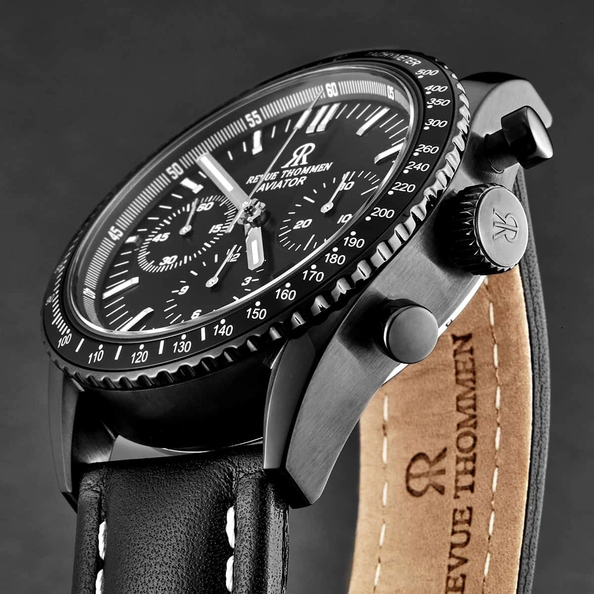 Revue Thommen Men's 17000.6577 'Aviator' All Black Dial Leather Strap Chronograph Automatic Watch