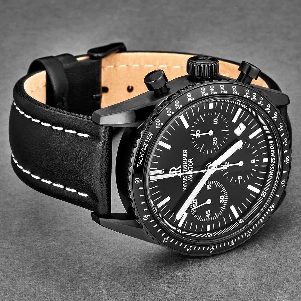 Revue Thommen Men's 17000.6577 'Aviator' All Black Dial Leather Strap Chronograph Automatic Watch