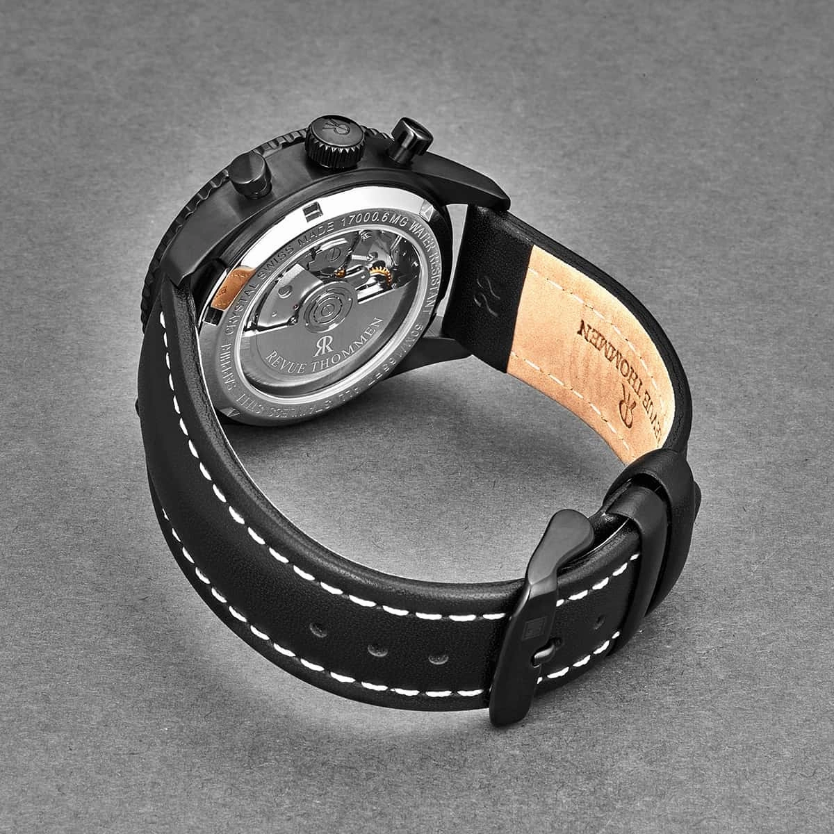 Revue Thommen Men's 17000.6577 'Aviator' All Black Dial Leather Strap Chronograph Automatic Watch