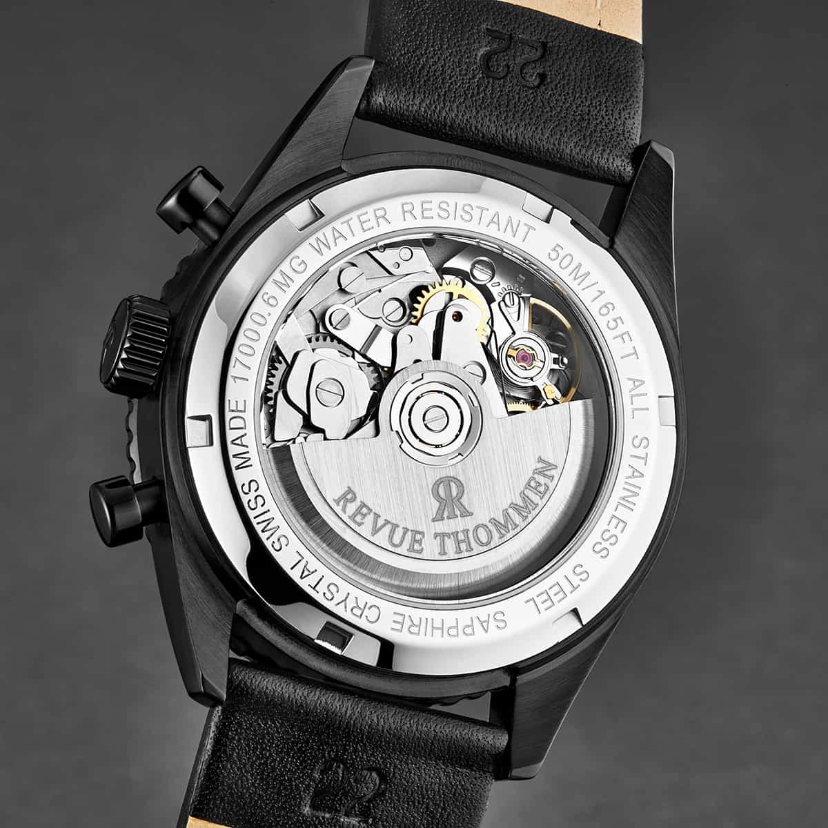 Revue Thommen Men's 17000.6577 'Aviator' All Black Dial Leather Strap Chronograph Automatic Watch