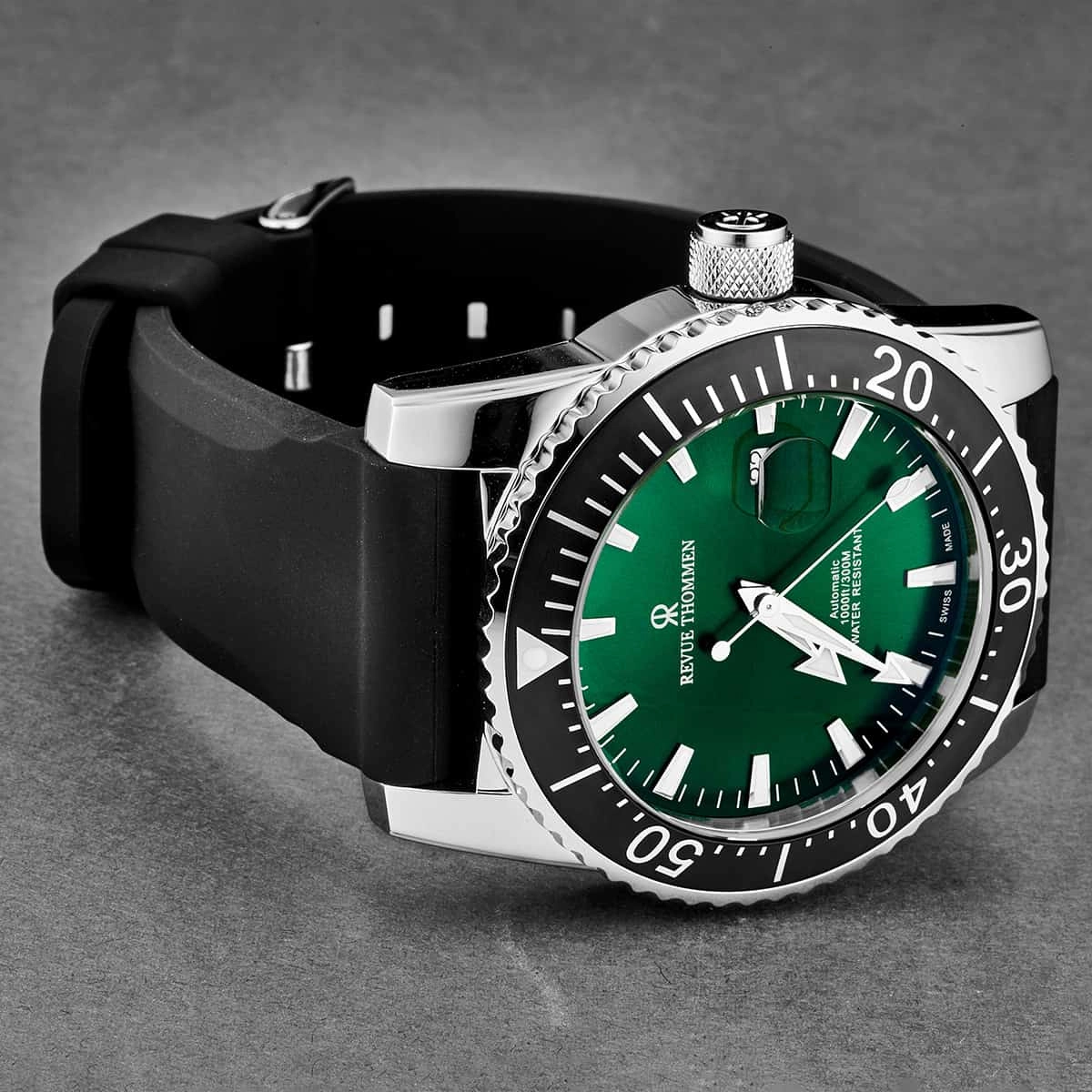 Revue Thommen Men's 17030.2524 'Diver' Green Dial Rubber Strap Swiss Automatic Watch