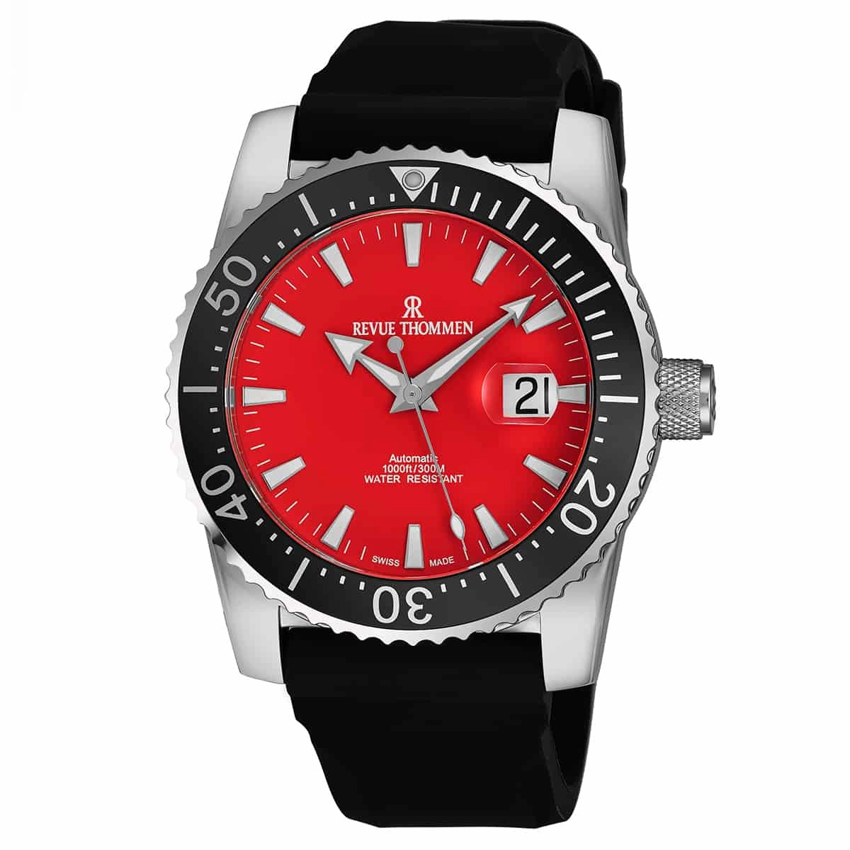 Revue Thommen Men's 17030.2536 'Diver' Red Dial Black Rubber Strap Swiss Automatic Watch