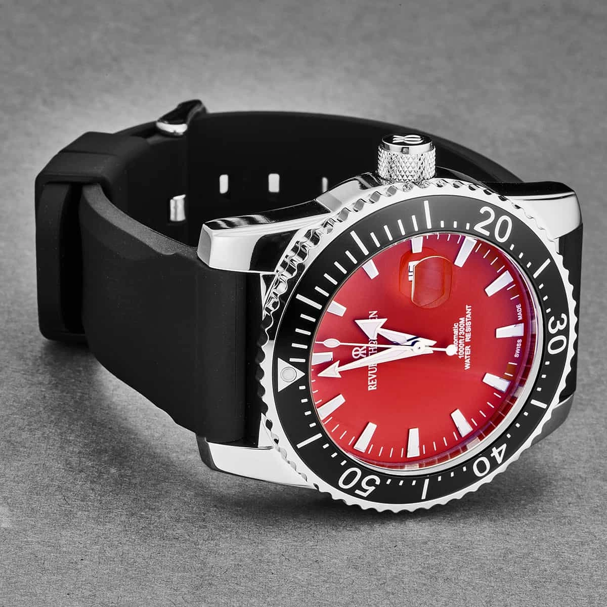 Revue Thommen Men's 17030.2536 'Diver' Red Dial Black Rubber Strap Swiss Automatic Watch