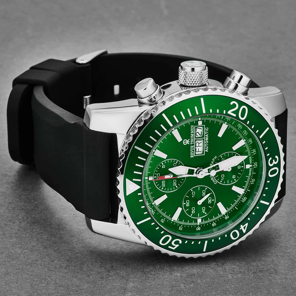 Revue Thommen Men's 17030.6532 'Divers' Green Dial Day-Date Chronograph Rubber Strap Automatic Watch