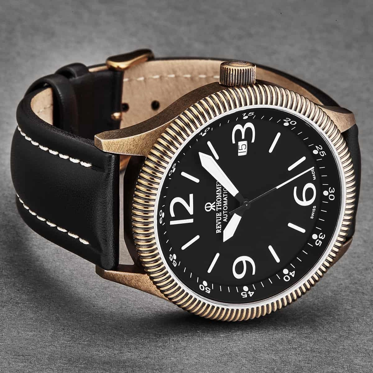Revue Thommen Men's 17060.2587 'Airspeed Vintage' Black Dial Black Leather Strap Swiss Automatic Watch
