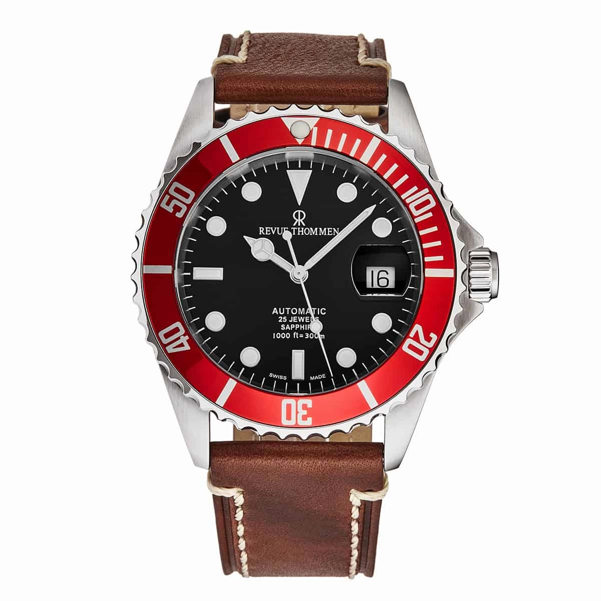 Revue Thommen Men's 17571.2536 'Diver' Black Dial Brown Suede Leather Strap Swiss Automatic Watch