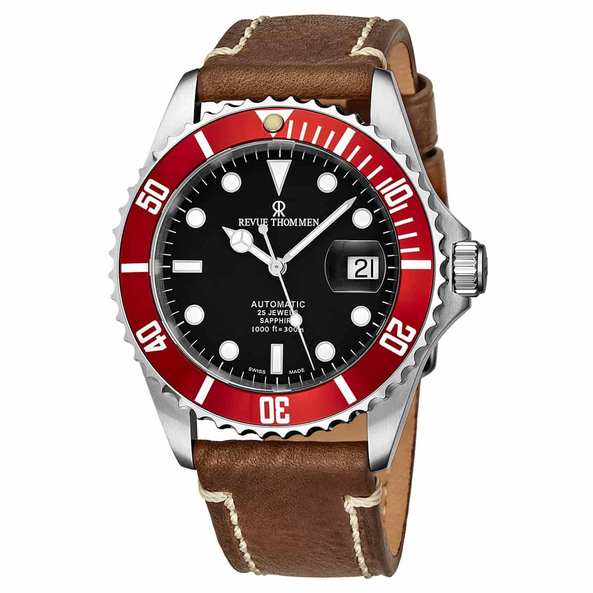 Revue Thommen Men's 17571.2536 'Diver' Black Dial Brown Suede Leather Strap Swiss Automatic Watch