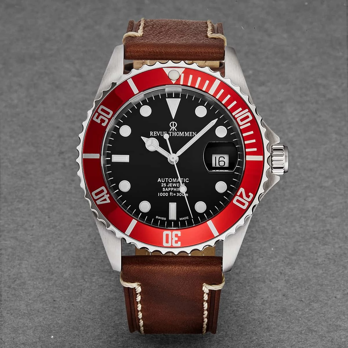 Revue Thommen Men's 17571.2536 'Diver' Black Dial Brown Suede Leather Strap Swiss Automatic Watch