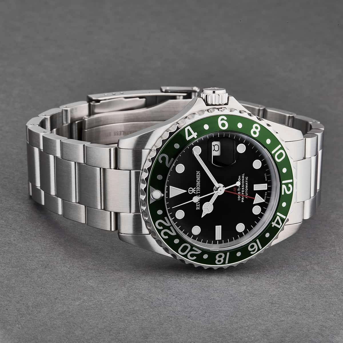 Revue Thommen Men's 17572.2134 'Diver' Black Dial Green Bezel GMT Professional Automatic Watch