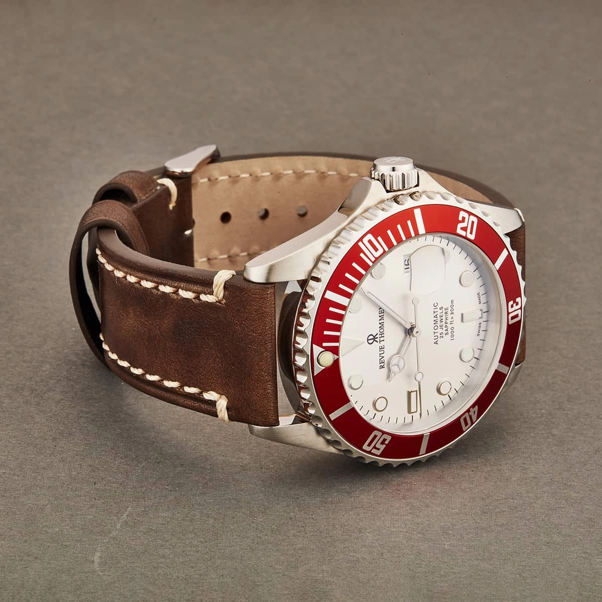 Revue Thommen's Men's 17571.2526 'Diver' Silver Dial Light Brown Leather Strap Swiss Automatic Watch